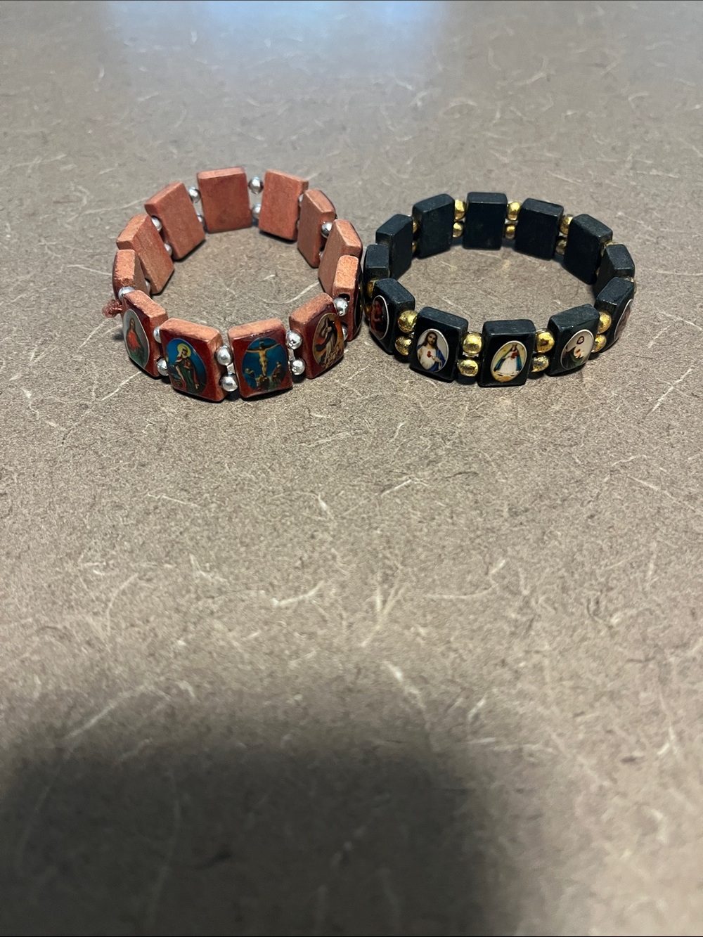 2 Religious Icon Stretch Bracelet Set — Black & Terracotta